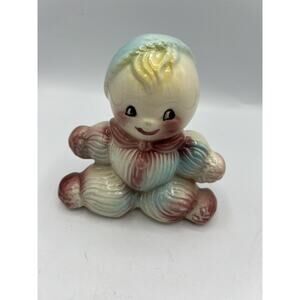 Vintage Pottery American Bisque Boy Yarn Rag Doll Alphabet Planter Baby Nursery